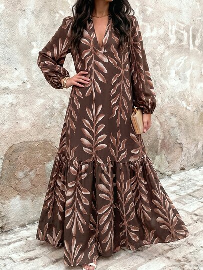 EMERY ROSE Robe longue maxi pour femme en lin fibre, style vintage imprimé, col V à revers, manches lanternes longues, épaules régulières, design amincissant et ample avec fente à l'ourlet, style minimaliste Old Money décontracté, élégant et sophistiqué, pour le printemps/automne, bureau, trajets, vacances, plage, soirée, thé de l'après-midi, romantique et sexy