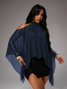 Rustia Plus Size Cold-Shoulder Halter Neck Striped Casual Comfortable Flowy Blouse For Spring And Summer - Navy Blue - View 5
