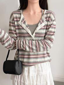 DAZY Women's Korean Style Button Half-Placket Striped Colorblock T-Shirt Fall - Burgundy - View 3