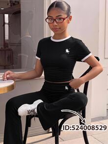 青少年女孩休閒百搭日常居家健身運動瑜伽印花翻腰長褲 - 黑色 - 查看 2
