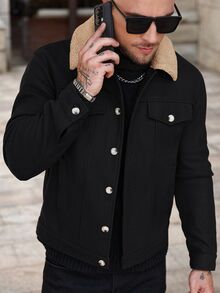 Manfinity Homme English:2026 Spring Summer Men's Black Wool‑Blend Trucker Jacket, Regular‑Fit Coat With Khaki Shearl - Black - View 1
