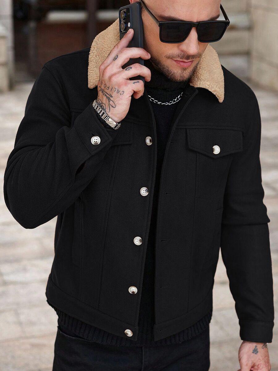 Manfinity Homme English:2026 Spring Summer Men's Black Wool‑Blend Trucker Jacket, Regular‑Fit Coat With Khaki Shearl - Black - View 1