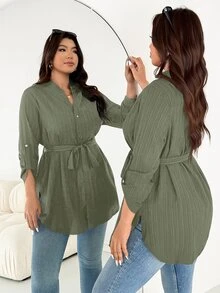 SHEIN Essnce 大尺碼休閒百搭純色附腰帶襯衫 - 軍綠色 - 查看 3