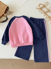 SHEIN 女童圓領蝴蝶結圖案拼色長袖運動衫與運動長褲休閒日常套裝 - 藏蓝色 - 查看 2