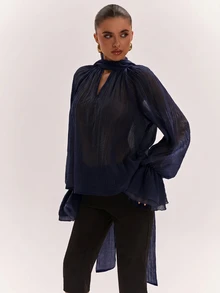 SHEIN BAE 女款優雅網紗喇叭袖上衣 - 藏蓝色 - 查看 7