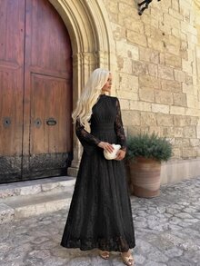 Firerie Women's Elegant Long Lace Dress With Stand Collar And Bell Sleeves - Black - View 3