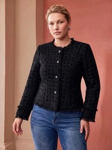 MOTF PREMIUM WOMEN'S PLUS SIZE ELEGANT FRAYED EDGE SINGLE-BREASTED WAIST-CINCHING JACKET FALL - Black - View 6