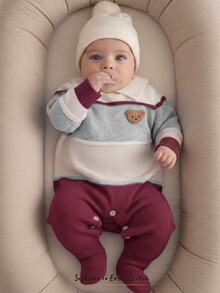 Cozy Pixies Romper Rajut Musim Gugur untuk Bayi Baru Lahir, Motif Patchwork Bertekstur, Blok Warna, Garis-garis, Kerah, dan Pola Beruang Kartun - Burgundy - View 9