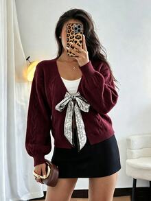 SHEIN Women's V-Neck Twisted Rope Shoulder Paisley Ribbon Tie Long Sleeve Cardigan Sweater - Burgundy - View 6