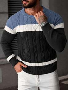Manfinity Mode Men's Casual Colorblock Patchwork Sweater, Autumn/Winter - Grey - View 4
