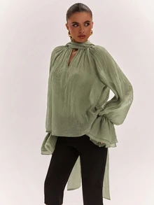 SHEIN BAE 女款純色插肩袖喇叭袖優雅襯衫 - 軍綠色 - 查看 7