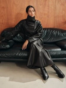 Anewsta Women's Fashion Long Leather Trench Coat With Raglan Long Sleeves, Stand Collar And Cinched Waist - Black - View 2