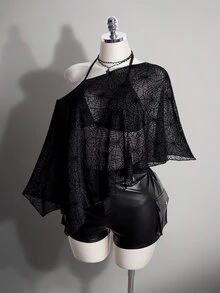 SHEIN ICON 大尺碼雪紡外套與三角杯繫帶背心女款兩件套 - 黑色 - 查看 3