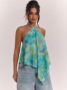SHEIN BAE Top de tirantes con cuello halter y dobladillo asimétrico para mujer, estilo casual minimalista bohemio elegante romántico vintage con estampado, atuendo para ir al trabajo, festival de música, playa, vacaciones, atuendo de verano para mujer - Multicolor - Ver 6