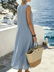 Linhara CURVE Gaun Eyelet Fashion Ukuran Plus untuk Liburan Pantai - Biru - View 2