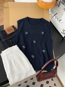 SHEIN CURVE+ Women's Solid Color Embroidered Round Neck Sweater Vest, Autumn/Winter Fall - Navy Blue - View 2