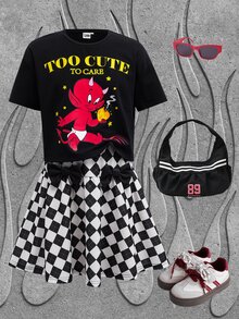 SHEIN HOT STUFF Tween Girl Cartoon Print Short Sleeve T-Shirt And Mini Skirt Set - Black - View 1