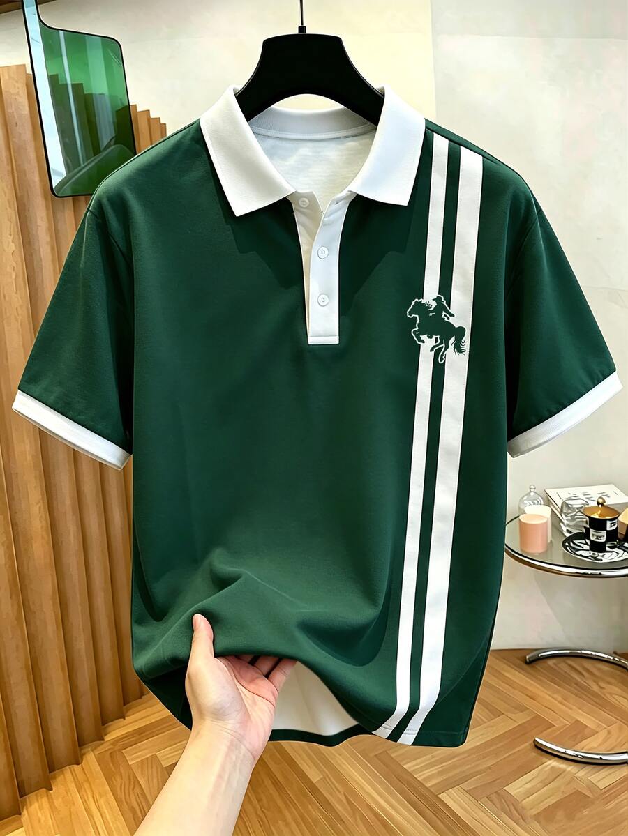 Manfinity Hypemode Men's Plus Size Classic Striped Color Block Horse Logo Polo Shirt, Summer Essential, Suitable For Daily Wear And Gatherings - Multicolor - View 1