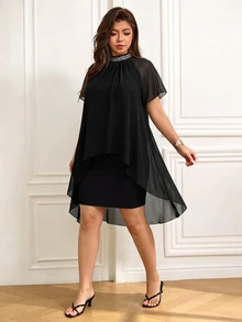 Femmeverse Women's Plus Size Summer New Pleated Halter Neck Flutter Sleeve Sequin Patchwork Cap Sleeve Party Dress High Waist Bodycon Dress - Black - View 3