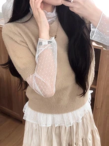 DAZY Women's Stand Collar Polka Dot Mesh Lace Elegant Blouse Fall - Beige - View 7