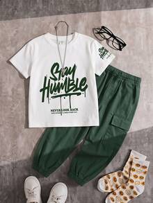 Tween Boy Letter Print Kids Short Sleeve T-Shirt And Long Pants Casual Daily Outfit - Multicolor - View 1