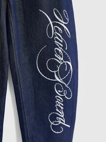 ROMWE Street Life Women's Low-Waist Curved Leg Denim Jeans With Original Blue Floral Letter Embroidery And Rhinestone Studs, Streetwear Versatile - Navy Blue - View 3