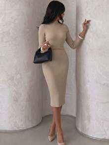 NOVVYNE Women's Knitted Stand Collar Metal Decor Fitted Bodycon Sweater Dress - Khaki - View 7