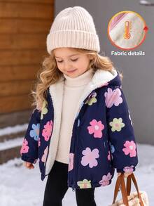 SHEIN 女嬰秋冬可愛粉色愛心圖案燈芯絨連帽保暖內裡夾克 - 彩色 - 查看 1