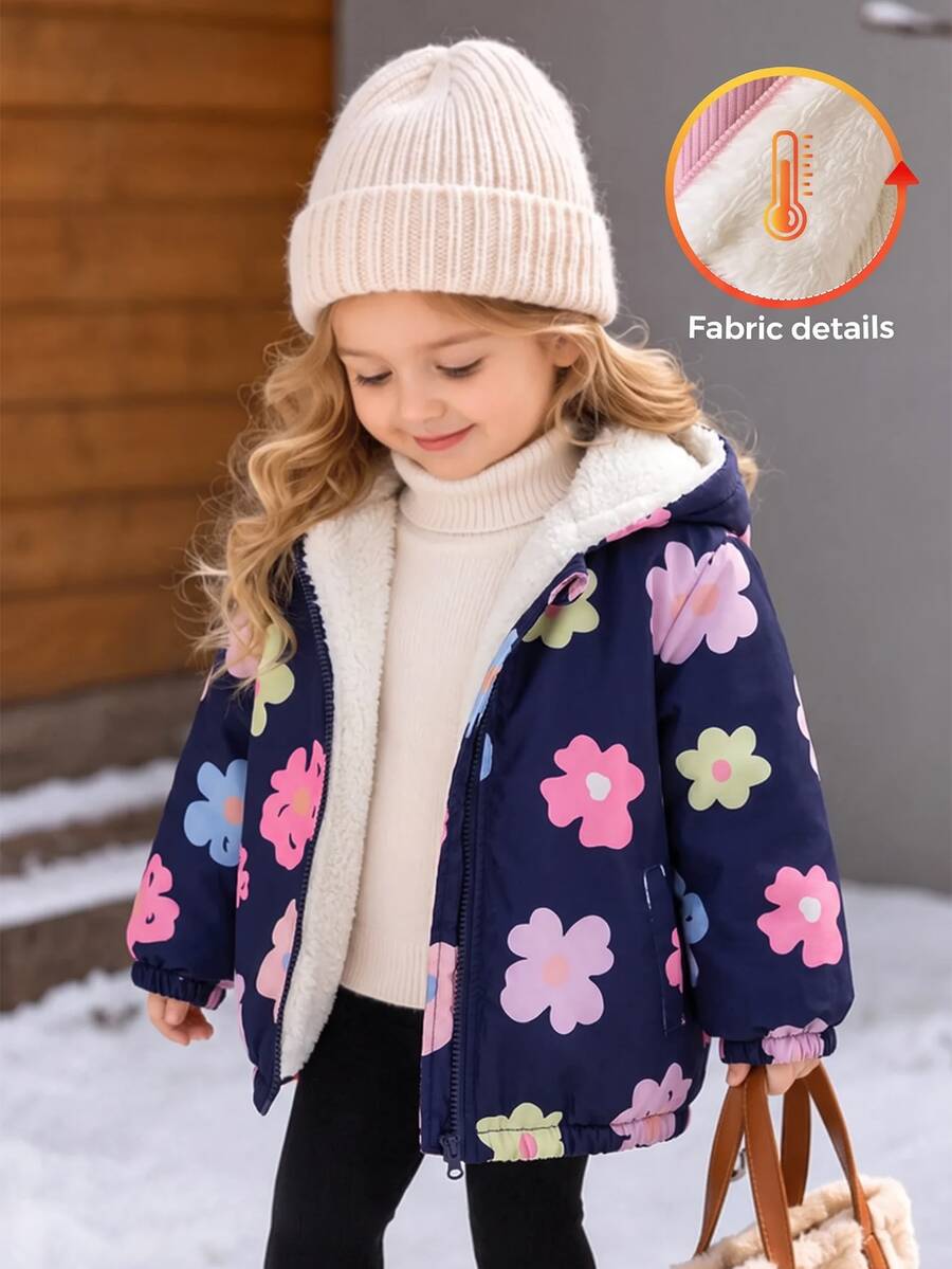 SHEIN 女嬰秋冬可愛粉色愛心圖案燈芯絨連帽保暖內裡夾克 - 彩色 - 查看 1