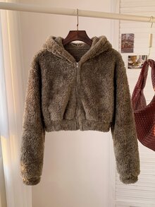 Comfortcana 秋冬款黑色落肩連帽短版法蘭絨拉鍊夾克 - 棕色 - 查看 4