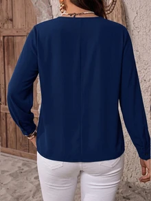 EMERY ROSE V-Neck Pleated Casual Loose Long Sleeve Blouse For Outing And Commuting - Navy Blue - View 2