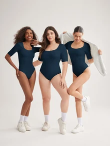 SHEIN BASICS 大尺碼純色圓領連身衣女款夏季穿搭 - 藏蓝色 - 查看 8