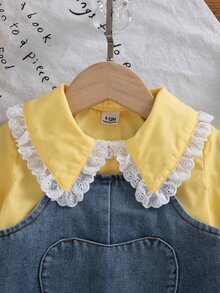 SHEIN 2件組幼女牛仔洋裝上衣，可愛甜美黃藍配色，蕾絲飾邊愛心花卉圖案，長袖彼得潘領，適合假日、秋季、婚禮賓客穿著 - 黃色 - 查看 3