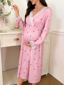 Moonlight&Mama Maternity Casual Heart Print Contrast Lace Long Nightgown - Pink - View 4