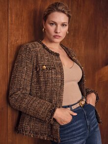 MOTF PREMIUM WOMEN'S PLUS SIZE ELEGANT CINCHED WAIST FRAYED HEM WINTER COAT - Brown - View 3