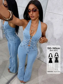 Jeanoix Petite Women's Casual Daily Outing Halter Neck Denim Jumpsuit With Pockets - Light Wash - View 7