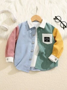 SHEIN 兒童小男孩休閒學院風拼色拼接翻領貼袋鈕扣式寬鬆梭織襯衫，適合通勤、上學、日常休閒、度假、旅行、運動，春夏秋冬四季皆宜 - 彩色 - 查看 3
