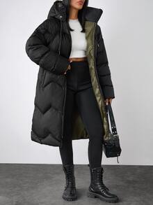 SHEIN جاكيت منتفخ مع غطاء رأس، سحاب أمامي، تفاصيل رباط، خفيف الوزن، ملابس خارجية شتوية كاجوال - الأسود - مشاهدة 4