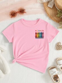 Elladie kids 女童返校季穿搭，可愛卡通彩色蠟筆愛心圖案印花基礎短袖T恤，舒適四季日常穿著粉色上衣 - 粉色 - 查看 2
