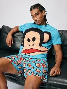 Paul Frank X SHEIN Men's Crew Neck Short Sleeve Top And Shorts Loungewear Set - Blue - View 1