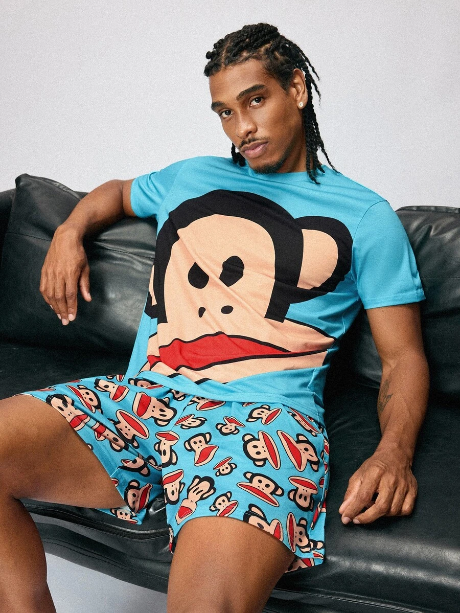 Paul Frank X SHEIN Men's Crew Neck Short Sleeve Top And Shorts Loungewear Set - Blue - View 1