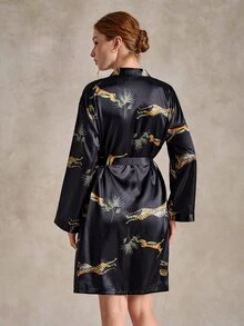 EverLounge Leopard Print Faux Silk Women's Long Sleeve Robe - Black - View 2