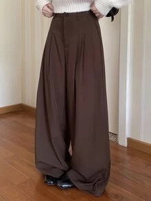 DAZY Celana Panjang Wanita Kasual Serbaguna Warna Polos dengan Potongan Lebar untuk Musim Gugur - Coklat - View 6