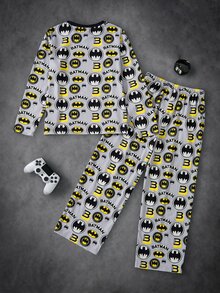 BATMAN X SHEIN 青少年男孩蝙蝠印花上衣與長褲居家休閒服 - 灰色 - 查看 2