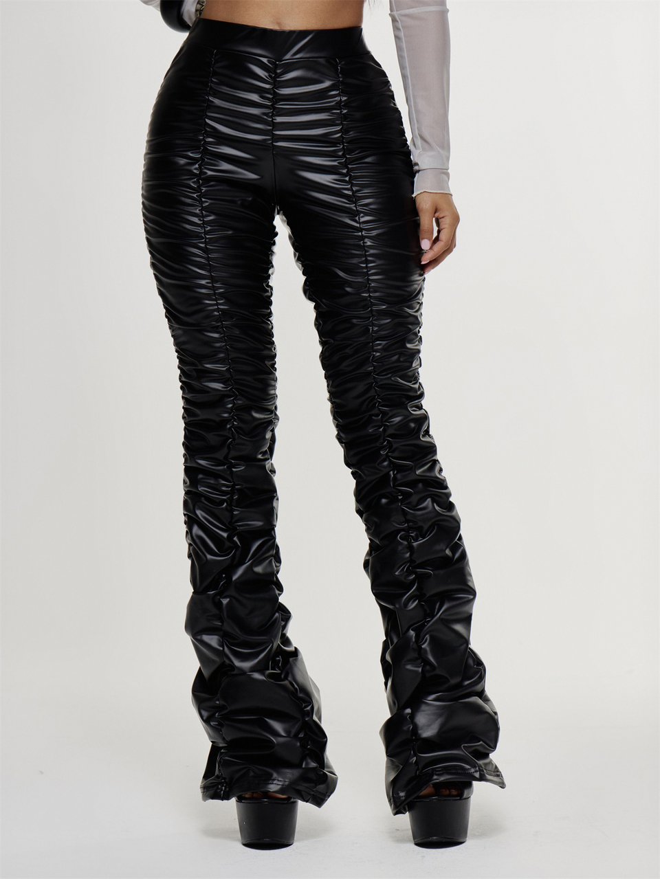 Ruched PU Elasticated Waist Fitted Flare Trouser