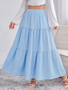 SHEIN PETITE 女款素色百褶休閒百搭日常穿著裙 - 淺藍色 - 查看 5
