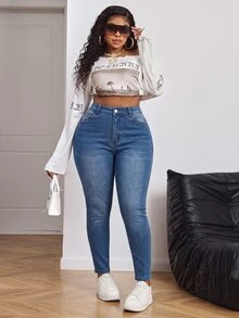 SHEIN MOD Plus Size Women's Pocket Skinny Casual Versatile Denim Jeans - Dark Wash - View 5