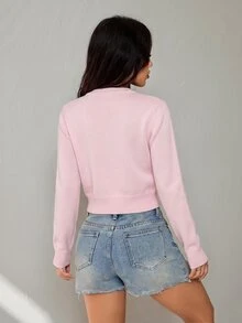 SHEIN PETITE 女款素色單排扣休閒針織長袖開襟衫 - 粉色 - 查看 2