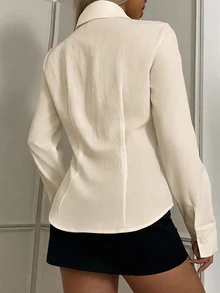 SHEIN EZwear 女款休閒收腰長袖鈕扣襯衫，適合秋冬穿著 - 杏色 - 查看 2