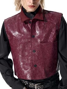 ROMWE MEN Casual Men's Solid Color PU Leather Fashion Versatile Suit Vest - Burgundy - View 2